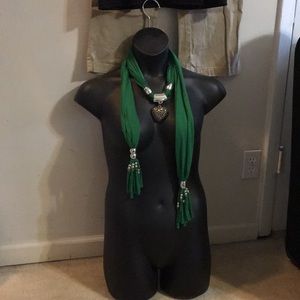 Green Neck Scarf with Silver Heart and Beads